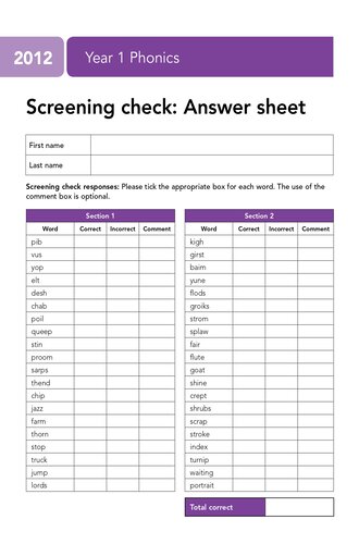 2012 phonics check answer sheet