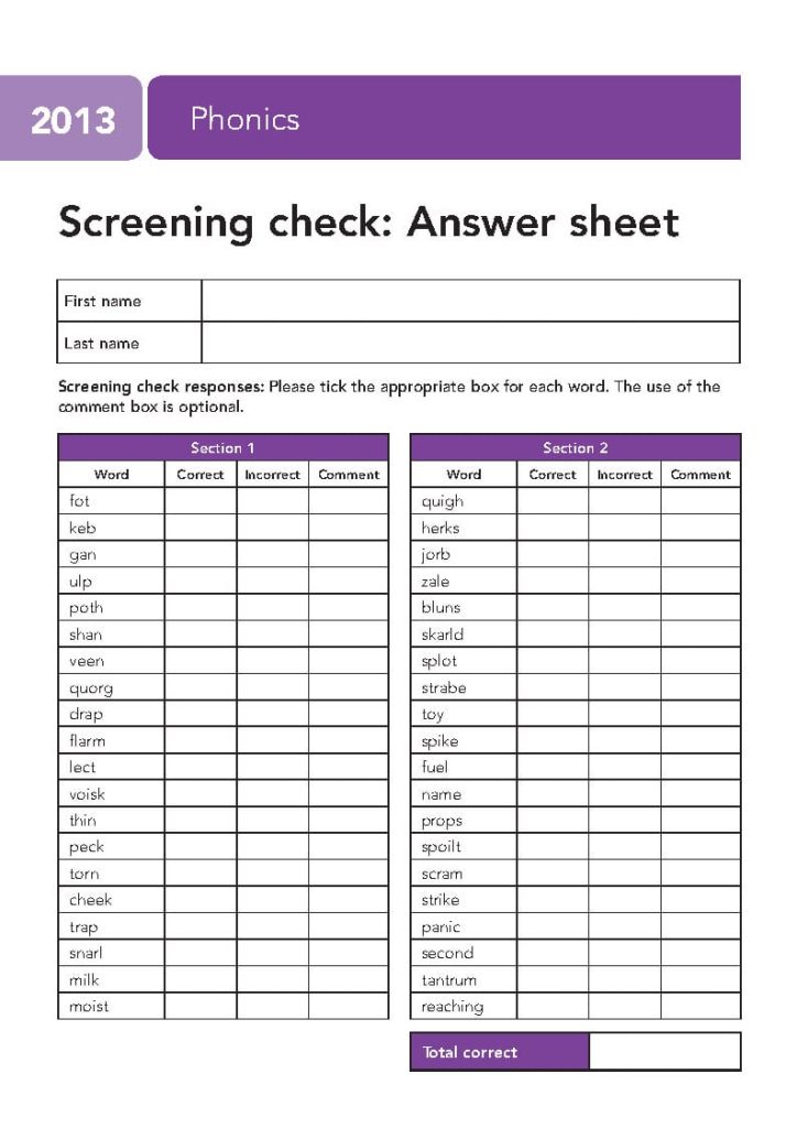2013 KS1 Phonics Screening Check Answer sheet