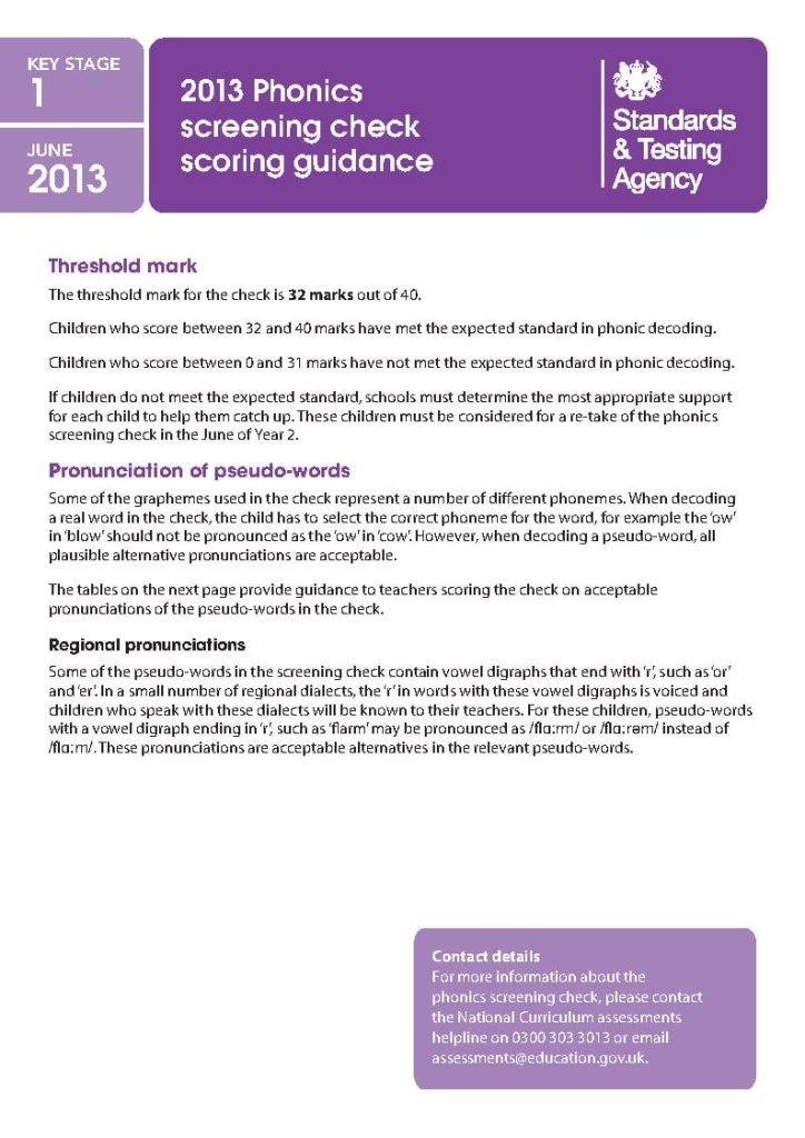 2013 KS1 Phonics Screening Check Scoring Guidance