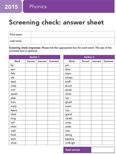 2015 Phonics Screening Check Answer sheet