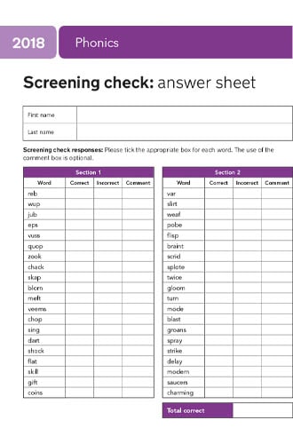 2018 Phonics Screening check Answer sheet